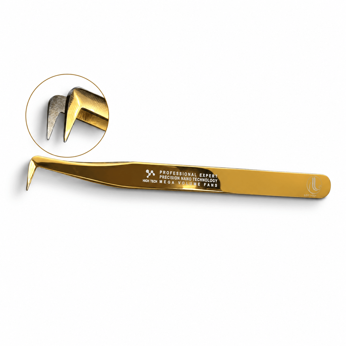 Gold Volume Lock Pro Nano Tips 90° Wide Mega Volume Lash Tweezer in L shape on a soft white background with magnified tip detail