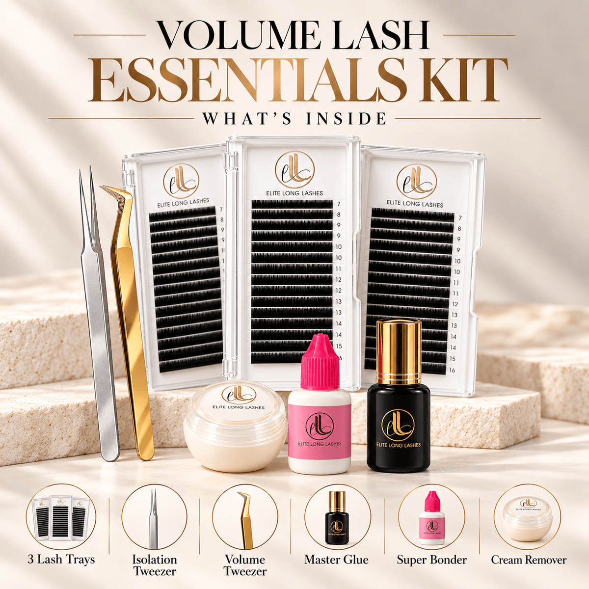 Volume Lash Essentials Kit with three 0.05mm Cashmere lash trays, Master Glue, Super Bonder, cream remover and precision tweezers