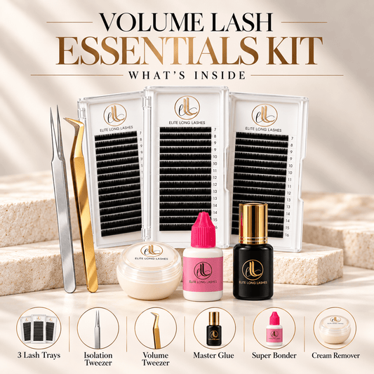 Volume Lash Essentials Kit with three 0.05mm Cashmere lash trays, Master Glue, Super Bonder, cream remover and precision tweezers